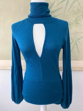 Ossie Clark Re-Release Teal Blue Cashmere & Silk Cut-Out Turtleneck Sweater